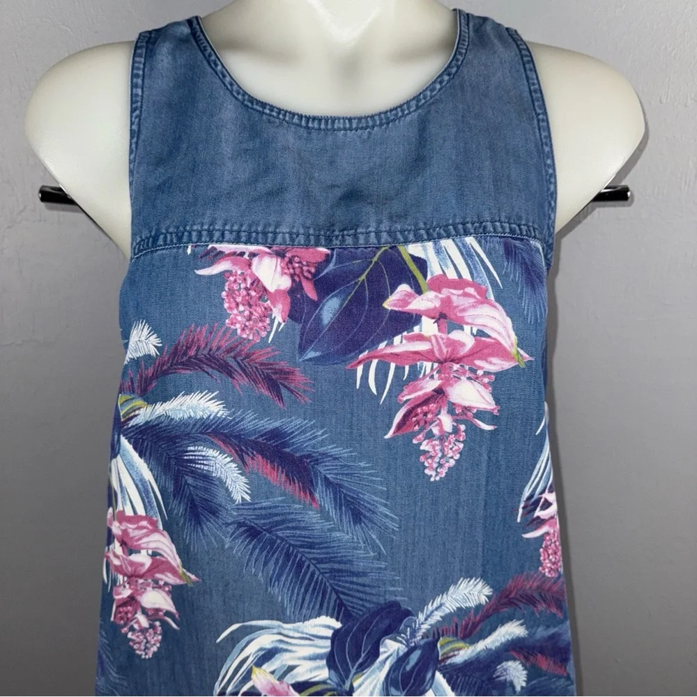 Tommy Bahama Dress Small Chambray Tropical Floral Print‎ Sleeveless with Pockets